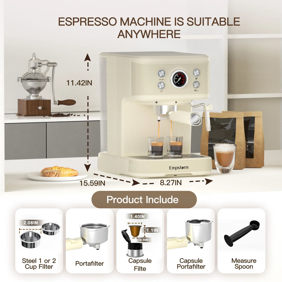 Empstorm Turkish  20 bar  Commercial 2-Cup Double Stainless Steel  Coffee Making Coffee Machine Home