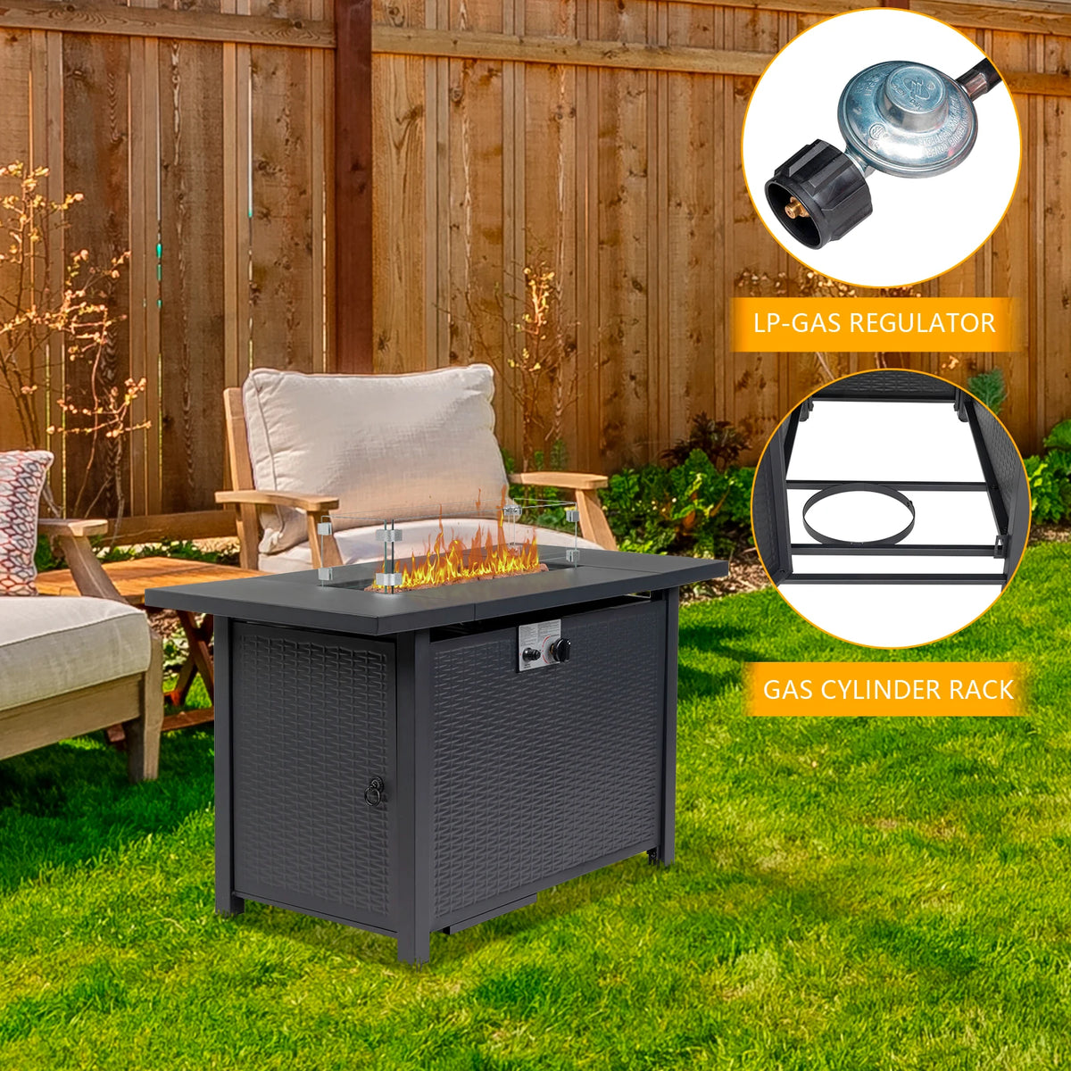 43-Inch Rectangular Gas Firepit Table 50000 BTU Volcanic Stone Black Steel Material Domestic US Shipping