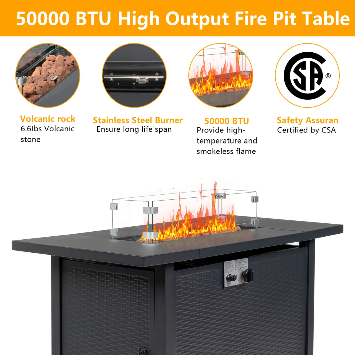 43-Inch Rectangular Gas Firepit Table 50000 BTU Volcanic Stone Black Steel Material Domestic US Shipping