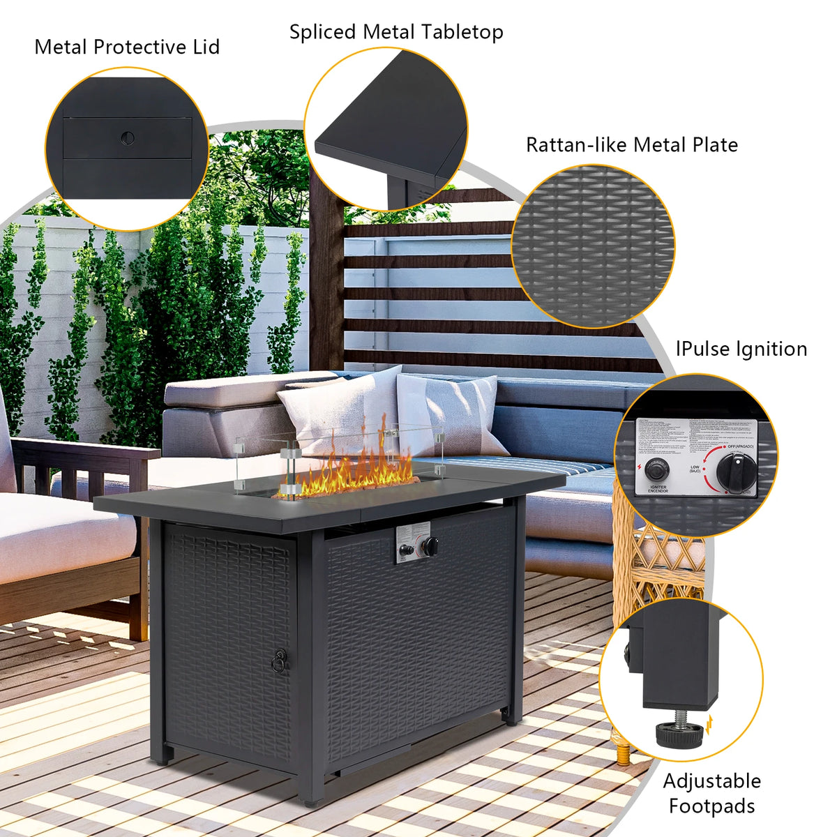 43-Inch Rectangular Gas Firepit Table 50000 BTU Volcanic Stone Black Steel Material Domestic US Shipping
