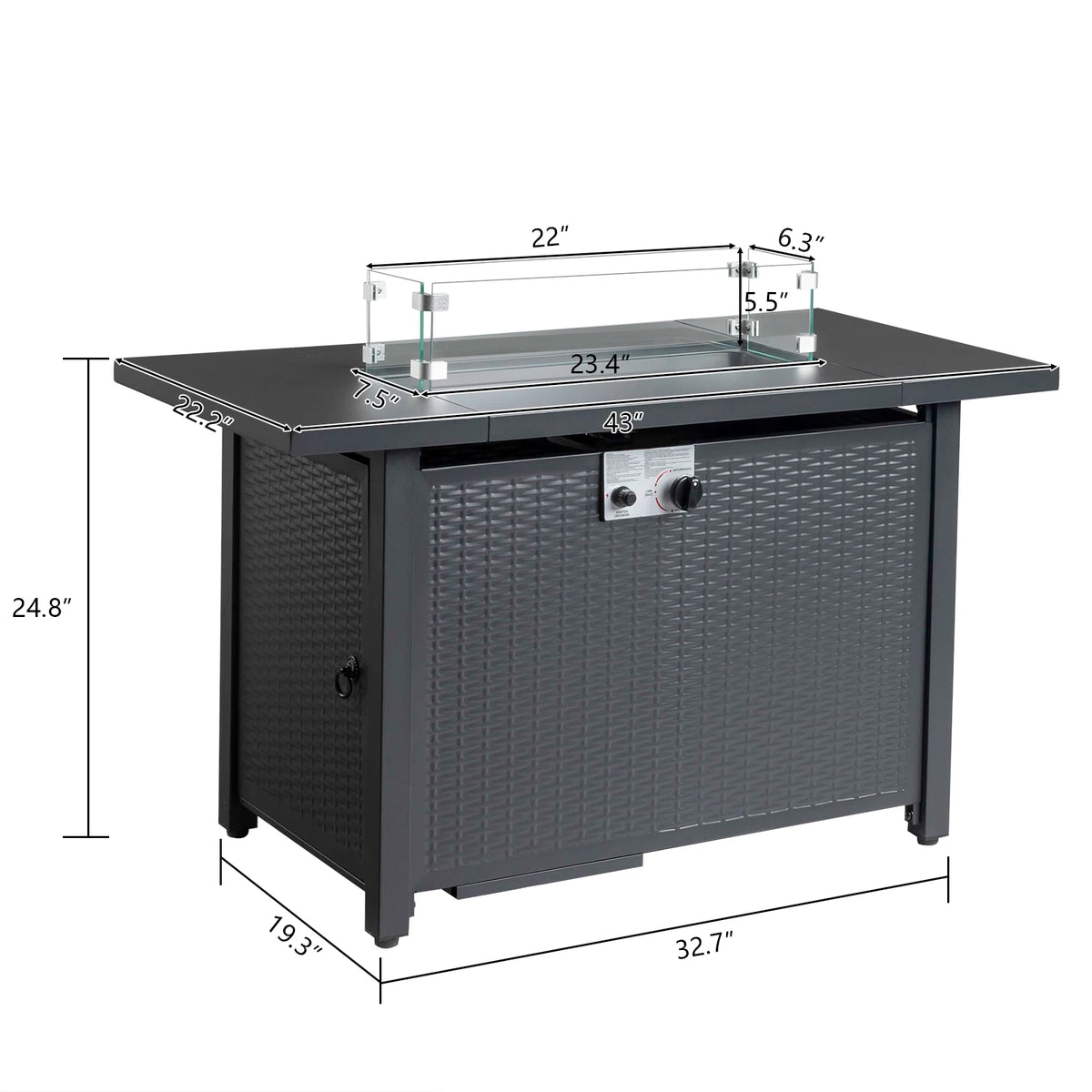 43-Inch Rectangular Gas Firepit Table 50000 BTU Volcanic Stone Black Steel Material Domestic US Shipping