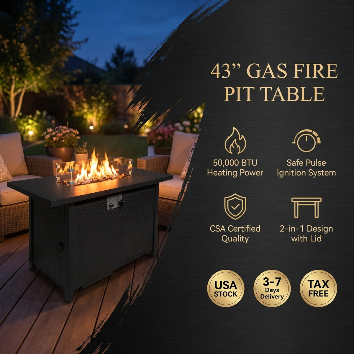 43-Inch Rectangular Gas Firepit Table 50000 BTU Volcanic Stone Black Steel Material Domestic US Shipping