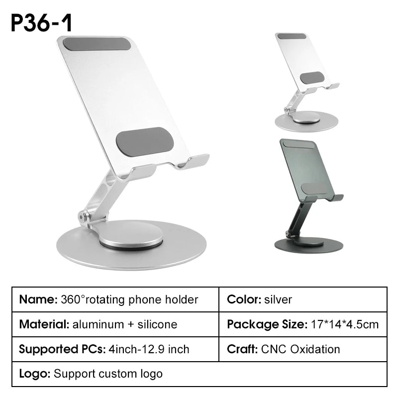 Real Aluminum Alloy 360 Degree Rotating Phone Stand Adjustable Foldable Desktop Holder Portable Ergonomic Cell Phone Stand