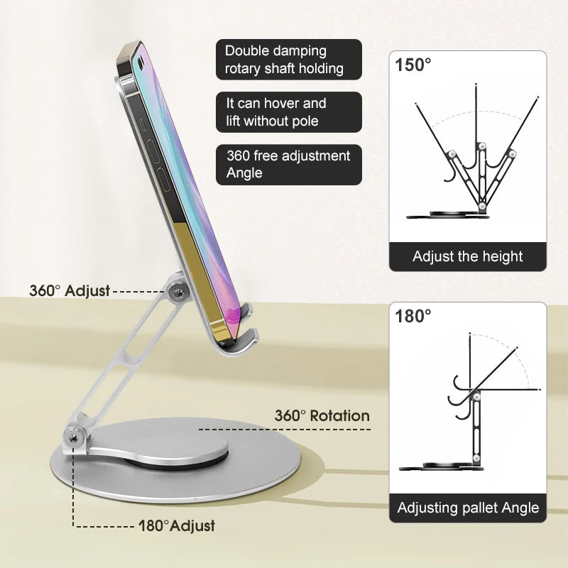 Real Aluminum Alloy 360 Degree Rotating Phone Stand Adjustable Foldable Desktop Holder Portable Ergonomic Cell Phone Stand