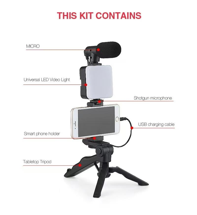Professional Smartphone Video Making Kit with LED Light Tripod Mic YouTube Live Stream Vlog Bundle for Phone Recording