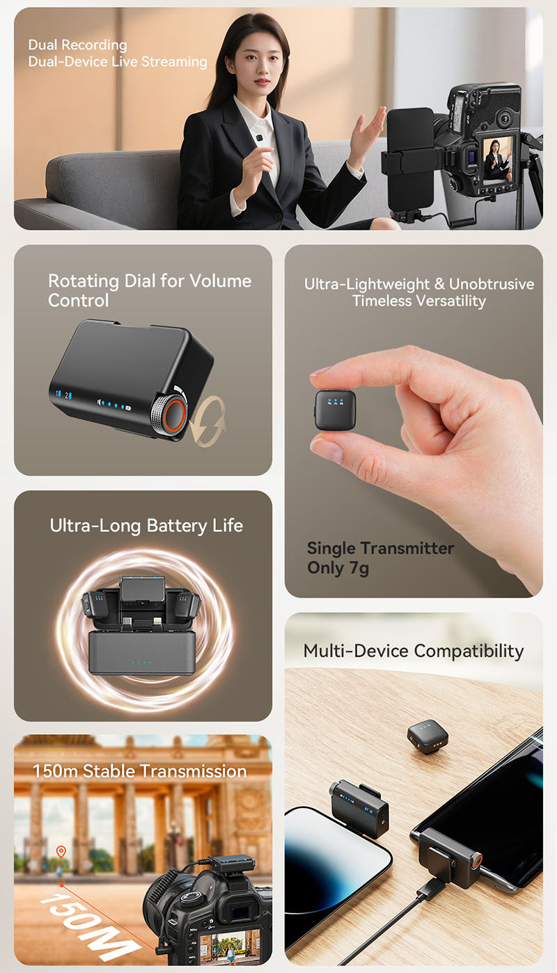 Vybe Vault For Creators M15 Mini Wireless Lavalier Microphone with AI Noise Reduction and Real Voice for Live Show Wireless Collar Clip Microphone