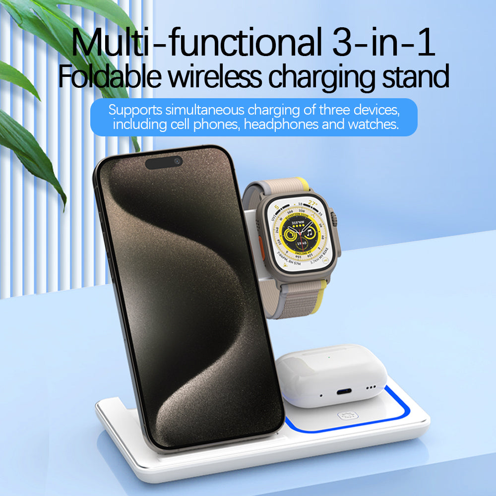 Wholesale Custom Logo Portable 3 in 1 Multifunction Fast Wireless Charging Stand 15w Phone 3 in 1 Foldable Wireless Charger