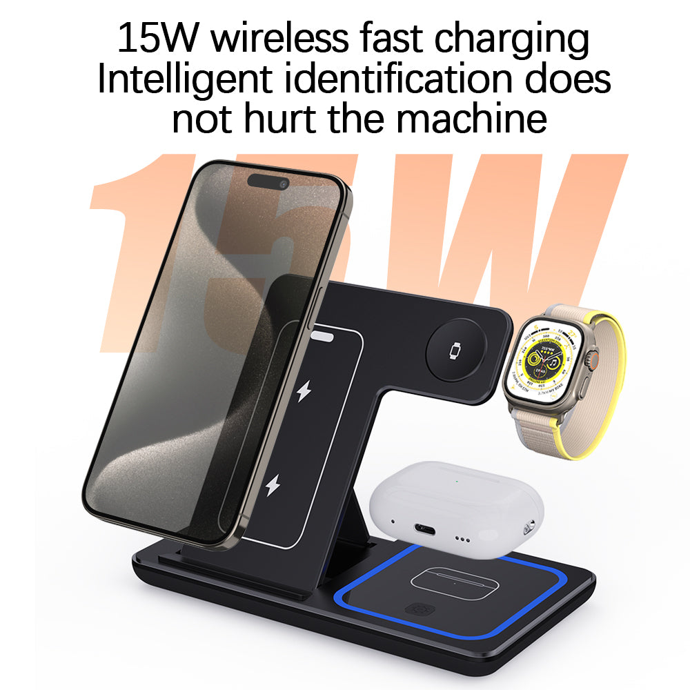 Wholesale Custom Logo Portable 3 in 1 Multifunction Fast Wireless Charging Stand 15w Phone 3 in 1 Foldable Wireless Charger