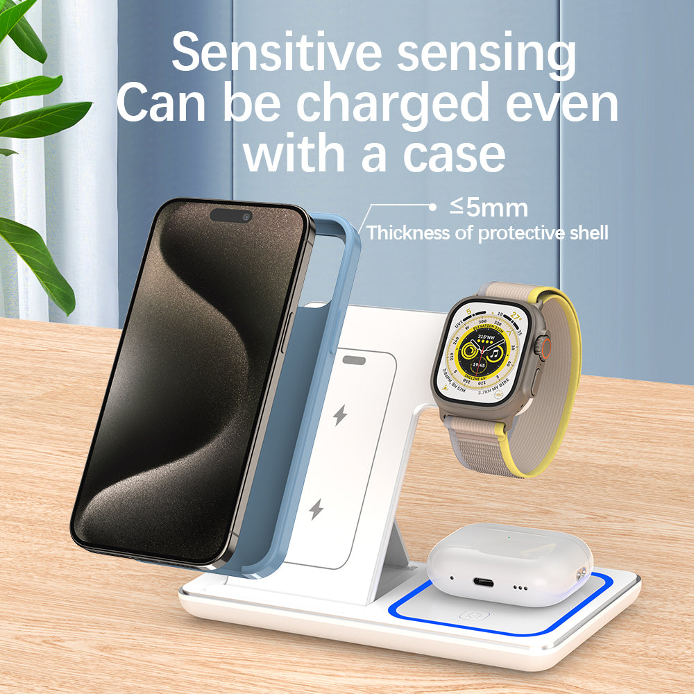 Wholesale Custom Logo Portable 3 in 1 Multifunction Fast Wireless Charging Stand 15w Phone 3 in 1 Foldable Wireless Charger